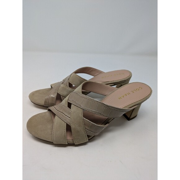 Cole Haan Shoes - Cole Haan April Suede Mule Sandals Heels Embossed Leather Natural Size 7B NWOB